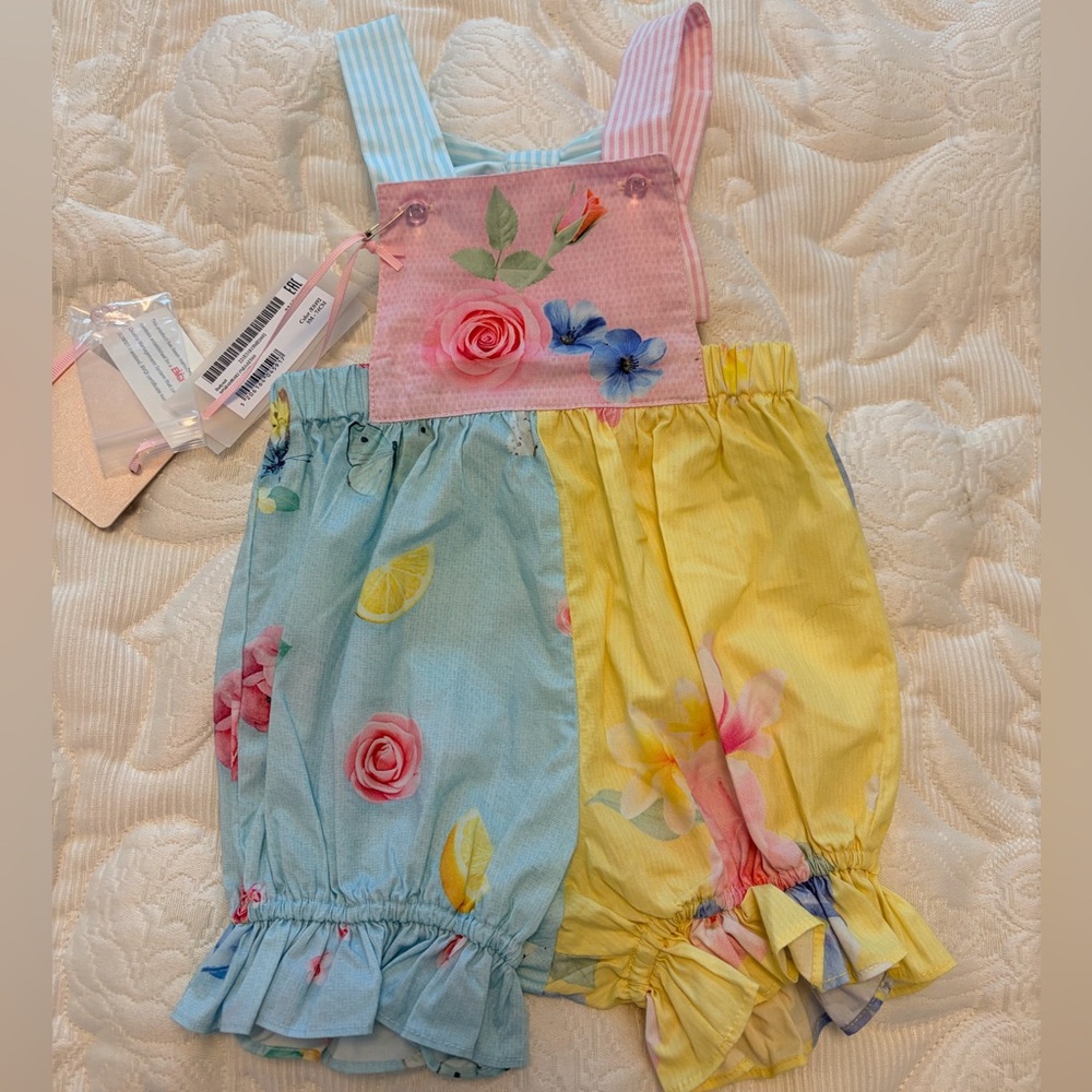 Floral Patchwork Baby Romper in Pastel Pink, Blue & Yellow